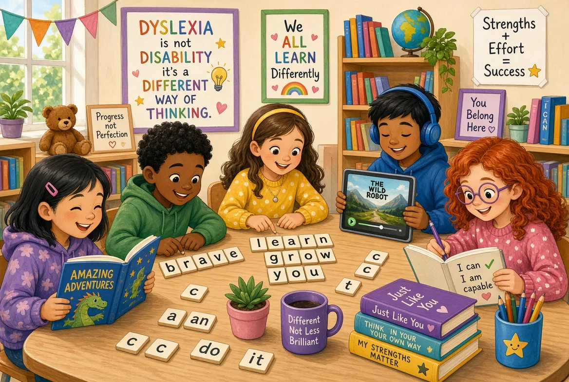 Student using a reading pen for dyslexia support in a supportive classroom environment