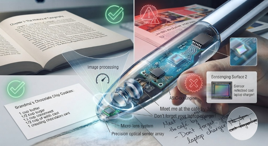 Pen scanner internal optics and OCR sensor breakdown