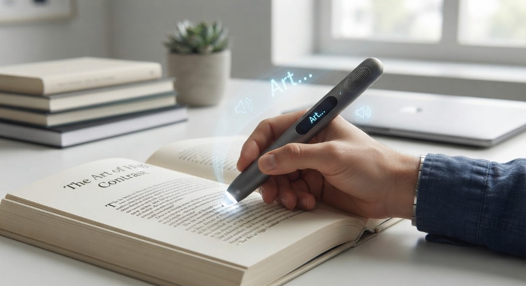 Hand using pen scanner text-to-speech on printed book