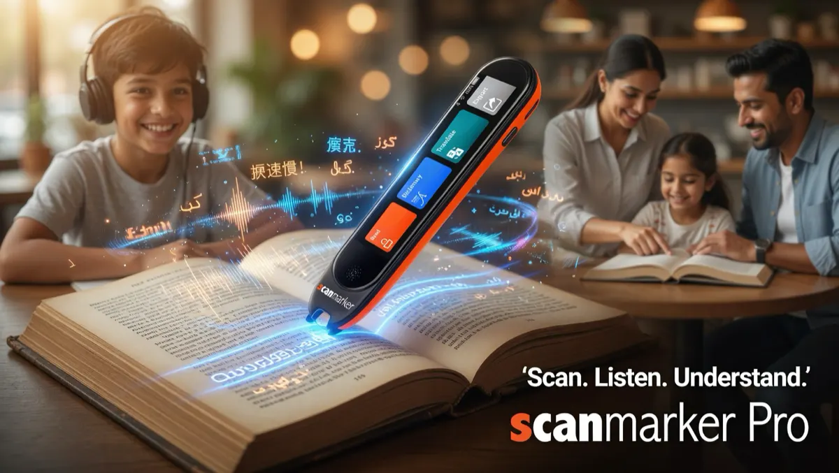 Scanmarker Pro scanning text with multilingual translation overlay