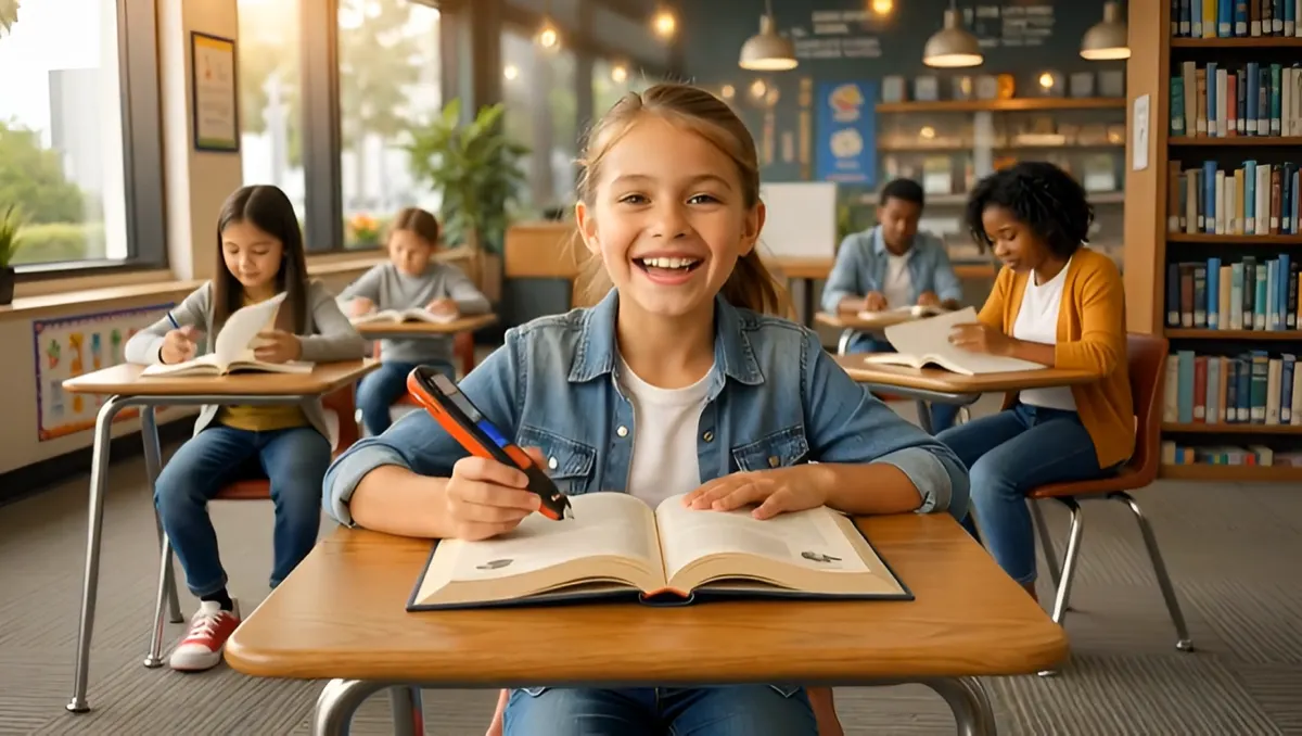 Student using a scanning pen on textbook study material in a classroom library